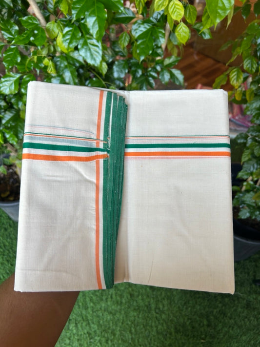 CONGRESS Veshti - 25% Discount!!! KaithariKada HANDLOOM Millpaav Balaramapuram - 100% PURE Cotton off white (Unbleached) Double Mundu/Dhoti - (80X90) - 0.75 inch Orange White & Green Kara - 4 mtr (8.5 muzham)- 1KK5240 KAS