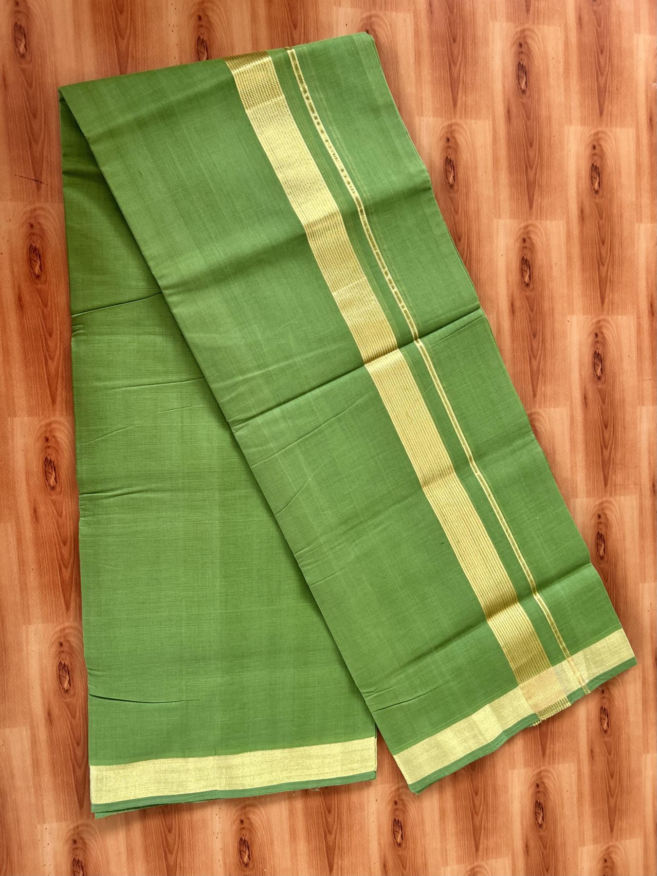 Double Mundu/Dhoti - KaithariKada Handloom Unakkupaav - 25% Discount! Kerala Handloom - Pure Cotton - 100x80 - Parrot Green Colour Body - 1.5 inch Gold Kasav Striped Kara - 2 KK5441 ABH