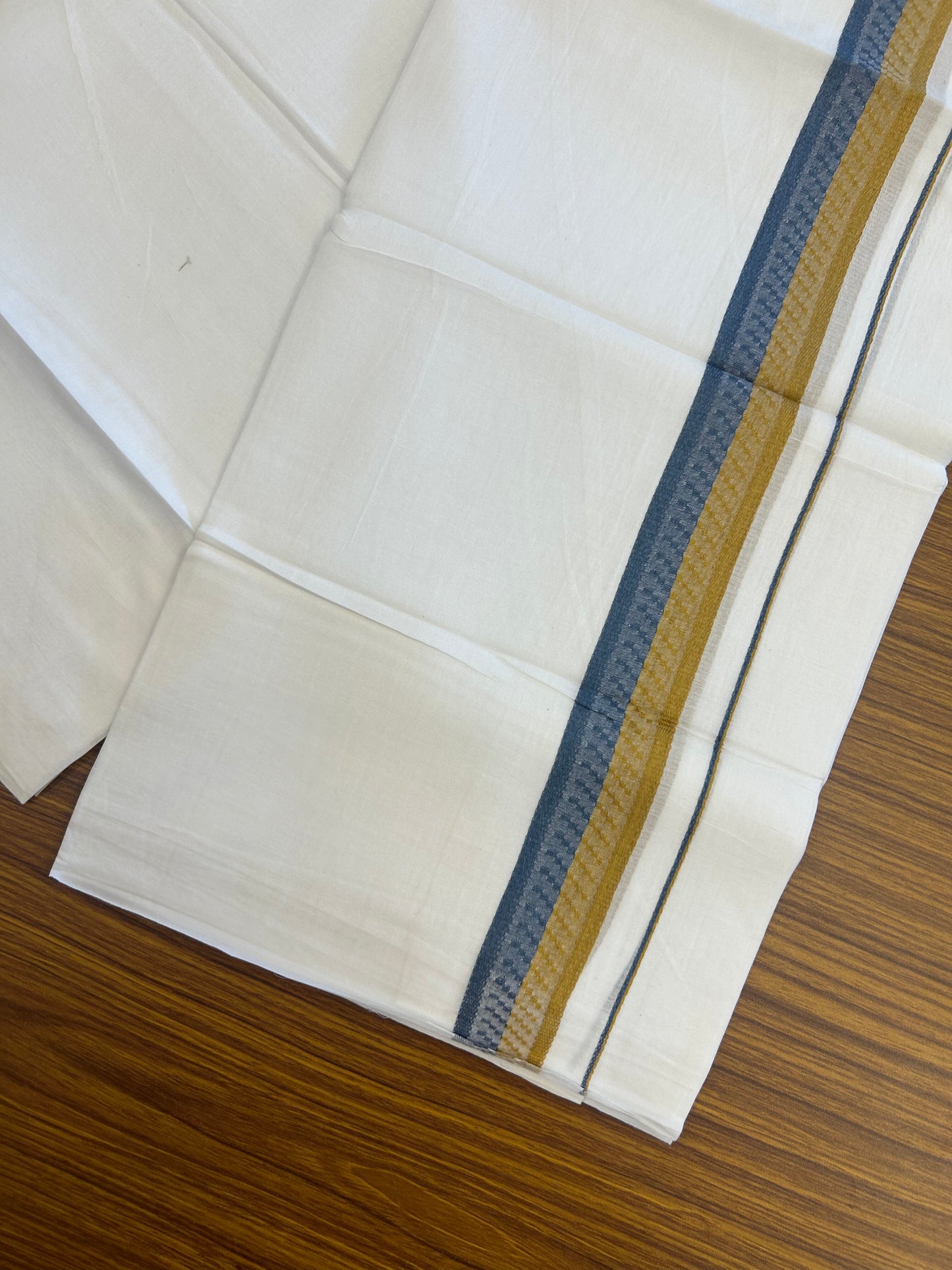 20% Discount ! Kaitharikada Balaramapuram 100% Cotton Pure White Double Mundu/Dothi - 100x80 - 1.5 inch Mustard Yellow & Dark Blue Design Kara 3.80 mtr (8 muzham) - 29 KK5359 THI