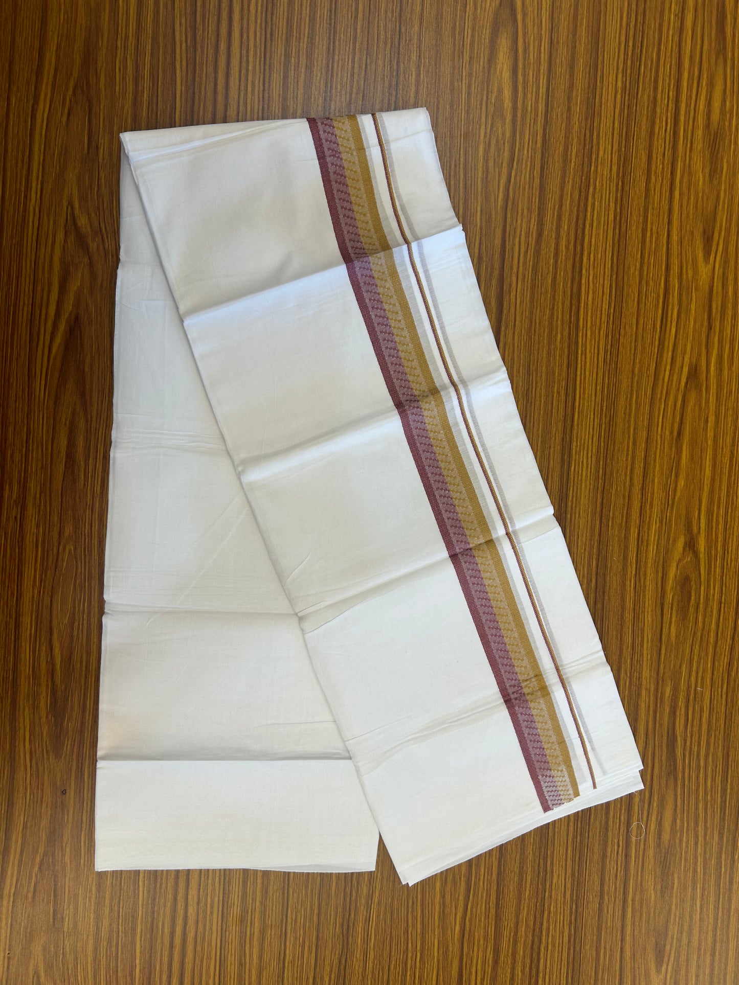 20% Discount ! Kaitharikada Balaramapuram 100% Cotton Pure White Double Mundu/Dothi - 100x80 - 1.5 inch Light Maroon & Mustard Design Kara 3.80 mtr (8 muzham) - 35 KK5359 THI