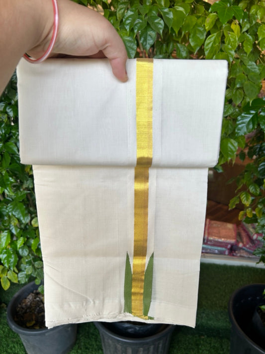 25% Discount ! KaithariKada Handloom Unakkupaav Balaramapuram -  Cotton Off White (Unbleached) Double Mundu/Dothi - 100x80 - 1.5 inch Puliyilakkara Kasavu Parrot Green chutty 3.70 mtr (8 muzham) - 1 KK5233 REA
