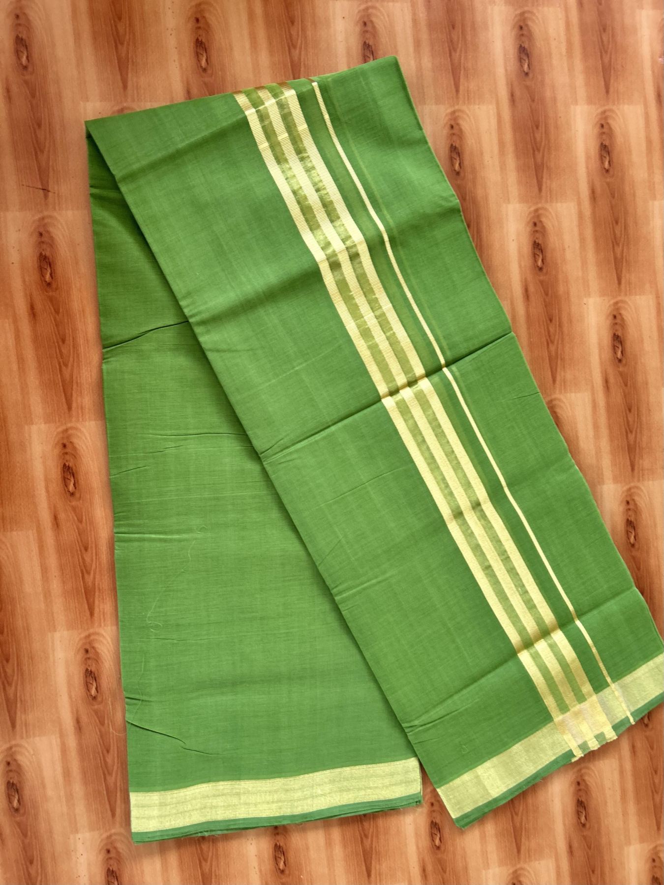 Double Mundu/Dhoti - KaithariKada Handloom Unakkupaav - 25% Discount! Kerala Handloom - Pure Cotton - 100x80 - Parrot Green Colour Body - 1.75 inch Gold Kasav Striped Kara - 1 KK5441 ABH