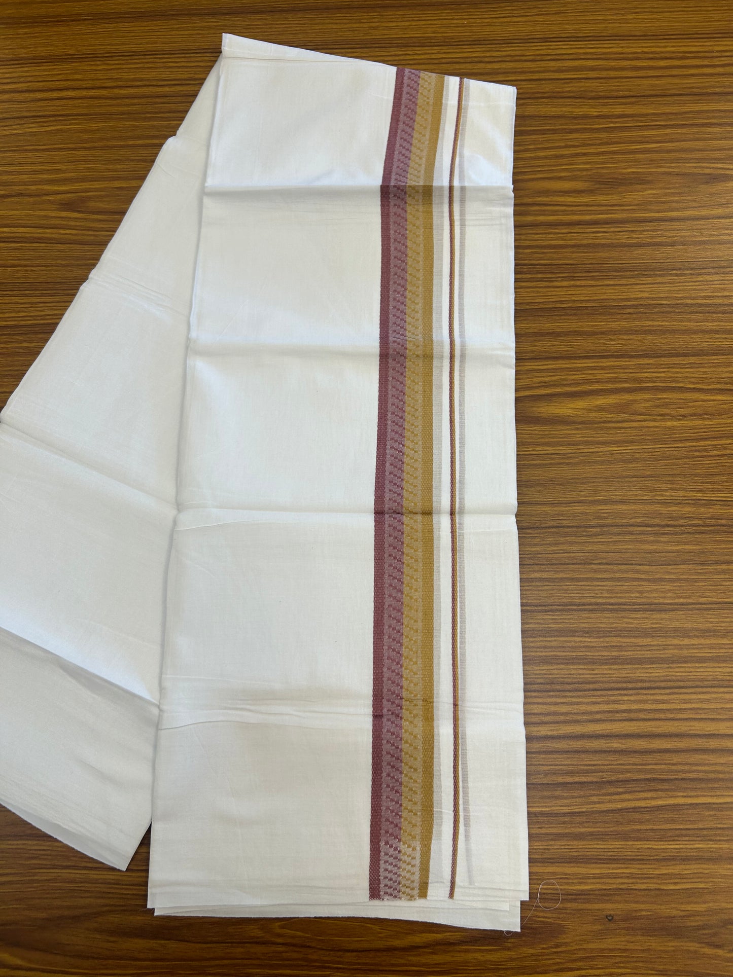 20% Discount ! Kaitharikada Balaramapuram 100% Cotton Pure White Double Mundu/Dothi - 100x80 - 1.5 inch Light Maroon & Mustard Design Kara 3.80 mtr (8 muzham) - 35 KK5359 THI