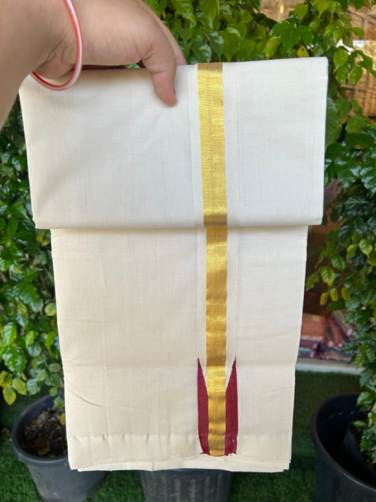 25% Discount ! KaithariKada Handloom Unakkupaav Balaramapuram -  Cotton Off White (Unbleached) Double Mundu/Dothi - 100x80 - 1.5 inch Puliyilakkara Kasavu Reddish Maroon chutty 3.70 mtr (8 muzham) - 2 KK5233 REA