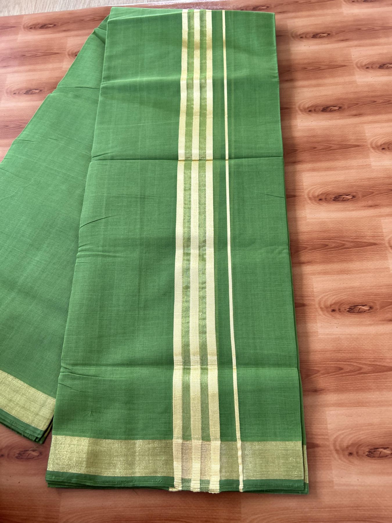 Double Mundu/Dhoti - KaithariKada Handloom Unakkupaav - 25% Discount! Kerala Handloom - Pure Cotton - 100x80 - Parrot Green Colour Body - 1.75 inch Gold Kasav Striped Kara - 1 KK5441 ABH