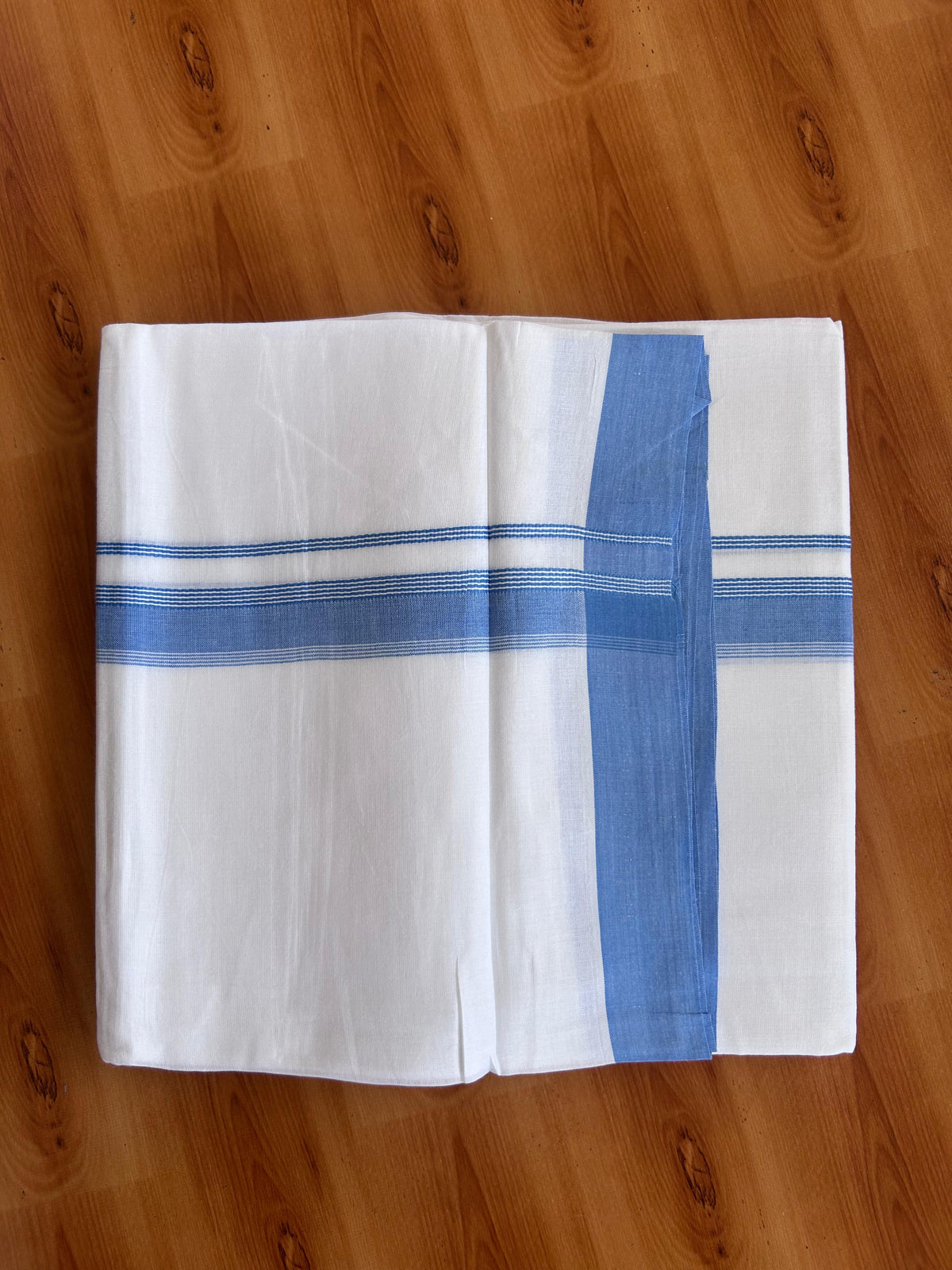 Double Pure White Mundu/Dhoti - 20% Discount !! KaithariKada 100% Cotton - (60S) - 1 inch Dark Sky Blue Shaded Striped Kara 3.75 mtr (8 muzham) - 14 KK5506 CKS