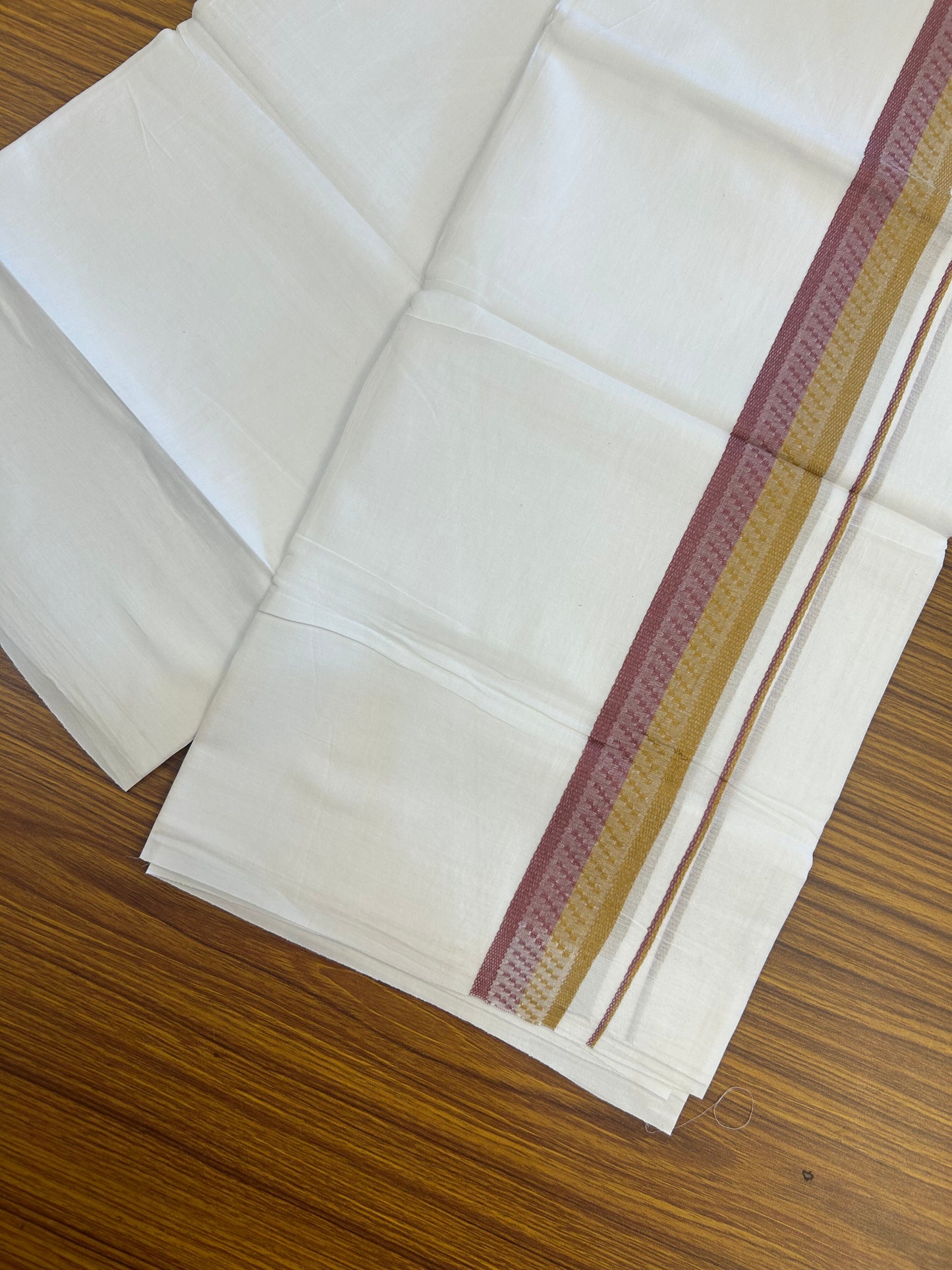 20% Discount ! Kaitharikada Balaramapuram 100% Cotton Pure White Double Mundu/Dothi - 100x80 - 1.5 inch Light Maroon & Mustard Design Kara 3.80 mtr (8 muzham) - 35 KK5359 THI