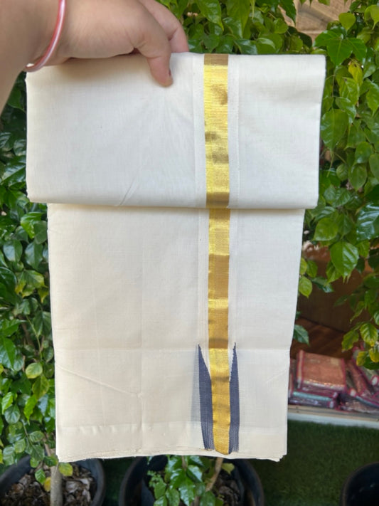 25% Discount ! KaithariKada Handloom Unakkupaav Balaramapuram -  Cotton Off White (Unbleached) Double Mundu/Dothi - 100x80 - 1.5 inch Puliyilakkara Kasavu Ash Blue chutty 3.70 mtr (8 muzham) - 3 KK5233 REA
