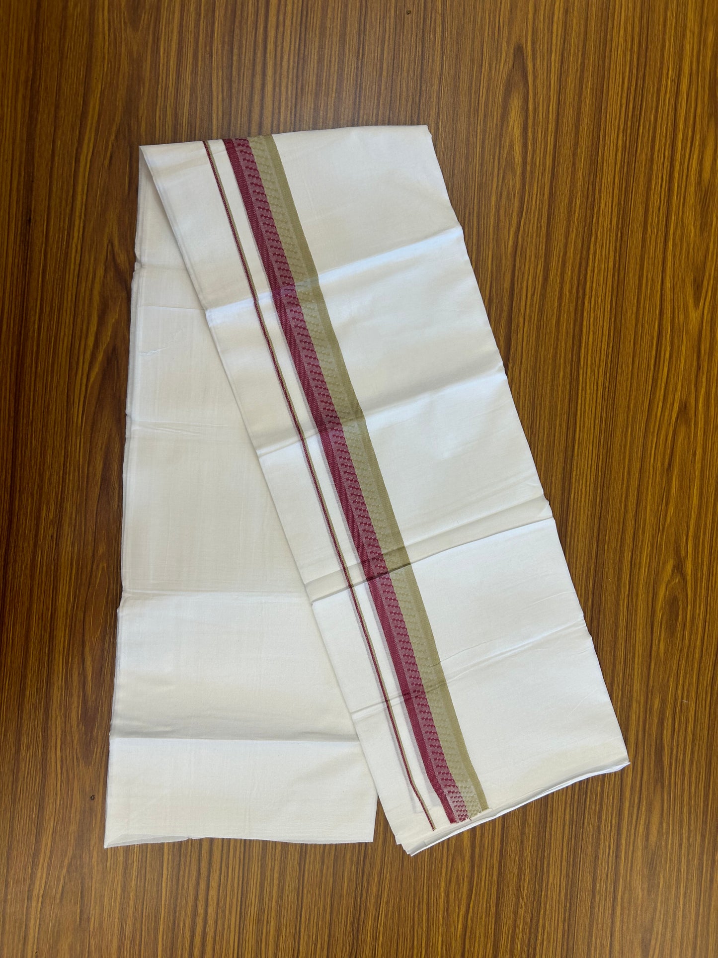 20% Discount ! Kaitharikada Balaramapuram 100% Cotton Pure White Double Mundu/Dothi - 100x80 - 1.5 inch Dark Rose & Khaki Design Kara 3.80 mtr (8 muzham) - 26 KK5359 THI