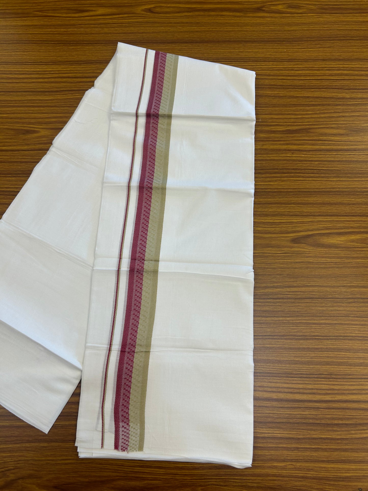 20% Discount ! Kaitharikada Balaramapuram 100% Cotton Pure White Double Mundu/Dothi - 100x80 - 1.5 inch Dark Rose & Khaki Design Kara 3.80 mtr (8 muzham) - 26 KK5359 THI