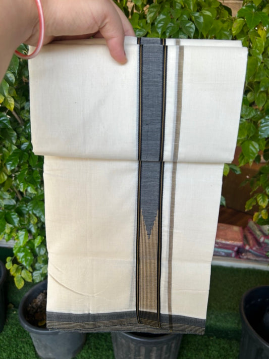 25% Discount!! KaithariKada Handloom Unakkupaav Balaramapuram - 100% Pure Cotton Off White - (Unbleached) Double Mundu/Dothi - 100x80 - Black Light Brown Chutty Kara 3.80 meter (8 muzham) - 6 KK5233 REA