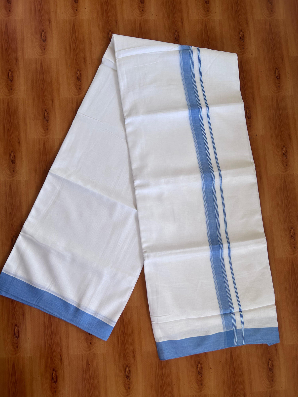 Double Pure White Mundu/Dhoti - 20% Discount !! KaithariKada 100% Cotton - (60S) - 1 inch Dark Sky Blue Shaded Striped Kara 3.75 mtr (8 muzham) - 14 KK5506 CKS