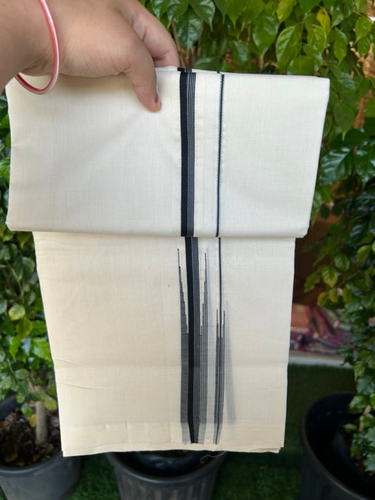 25% Discount ! KaithariKada Handloom Unakkupaav Balaramapuram -  Cotton Off White (Unbleached) Double Mundu/Dothi - 100x80 - 0.5 inch Puliyilakkara Black & Pestel Blue Stripes chutty 4 mtr (8.5 muzham) - 7 KK5233 REA