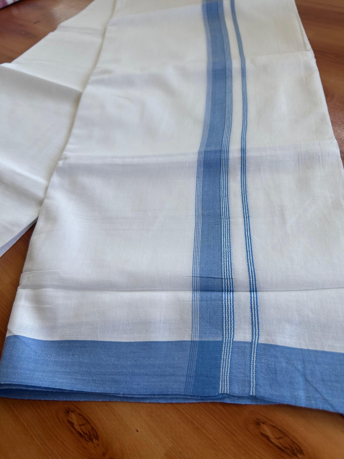 Double Pure White Mundu/Dhoti - 20% Discount !! KaithariKada 100% Cotton - (60S) - 1 inch Dark Sky Blue Shaded Striped Kara 3.75 mtr (8 muzham) - 14 KK5506 CKS