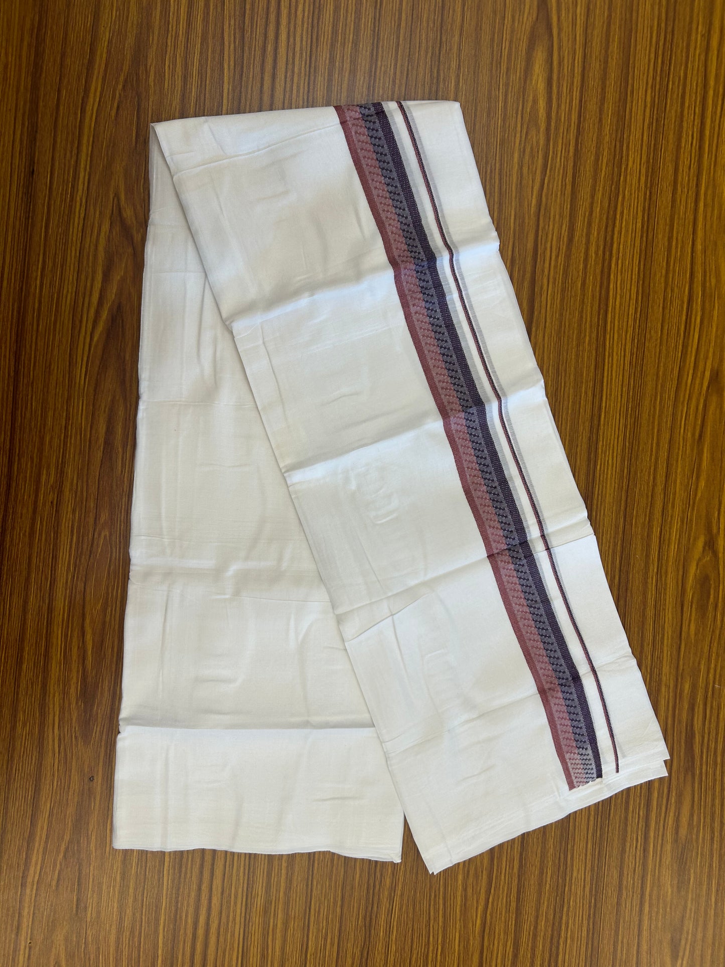 20% Discount ! Kaitharikada Balaramapuram 100% Cotton Pure White Double Mundu/Dothi - 100x80 - 1.5 inch Wine Purple & Grape Wine Design Kara 3.80 mtr (8 muzham) - 24 KK5359 THI