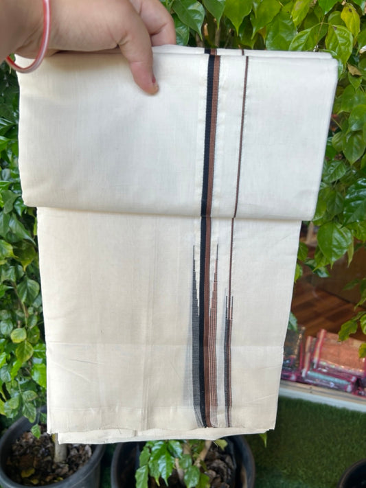 25% Discount ! KaithariKada Handloom Unakkupaav Balaramapuram -  Cotton Off White (Unbleached) Double Mundu/Dothi - 100x80 - 0.5 inch Puliyilakkara Black &  Brown Stripes chutty 4 mtr (8.5 muzham) - 5 KK5233 REA