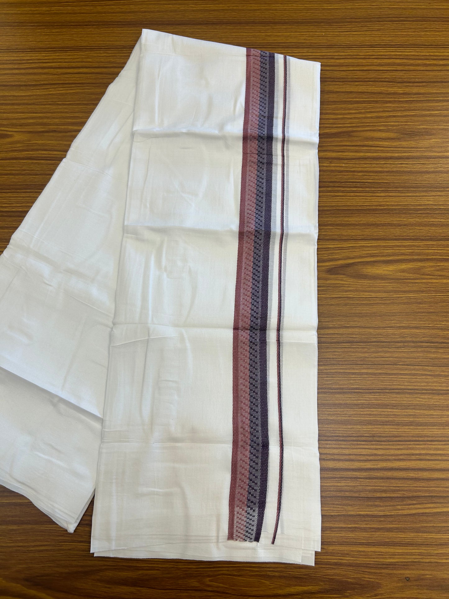 20% Discount ! Kaitharikada Balaramapuram 100% Cotton Pure White Double Mundu/Dothi - 100x80 - 1.5 inch Wine Purple & Grape Wine Design Kara 3.80 mtr (8 muzham) - 24 KK5359 THI
