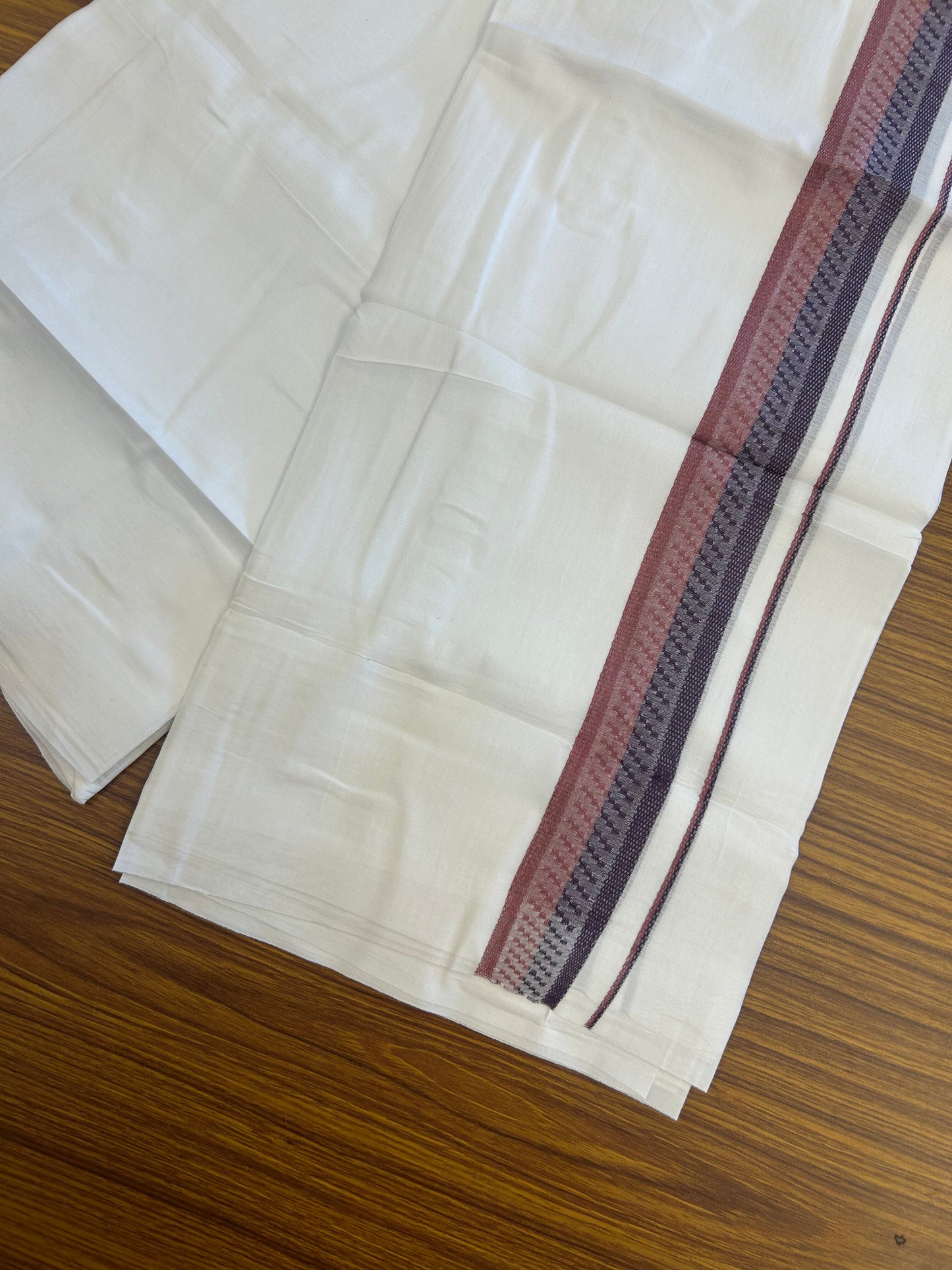 20% Discount ! Kaitharikada Balaramapuram 100% Cotton Pure White Double Mundu/Dothi - 100x80 - 1.5 inch Wine Purple & Grape Wine Design Kara 3.80 mtr (8 muzham) - 24 KK5359 THI