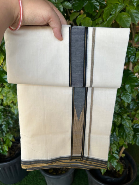 25% Discount!! KaithariKada Handloom Unakkupaav Balaramapuram - 100% Pure Cotton Off White - (Unbleached) Double Mundu/Dothi - 100x80 -1.5 inch Black Light Brown Chutty Kara 4 meter (8.5 muzham) - 11 KK5233 REA