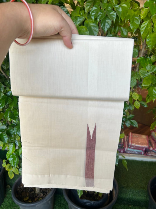 25% DISCOUNT!! KaithariKada HANDLOOM UNAKKUPAAV Balaramapuram - 100% PURE Cotton OFF White - (Unbleached) Double Mundu/Dothi - 120 x 100 - 0.75 inch Light Maroon & Brown Chutty Kara 4 meter (8.5 muzham) - 10 KK5233 REA