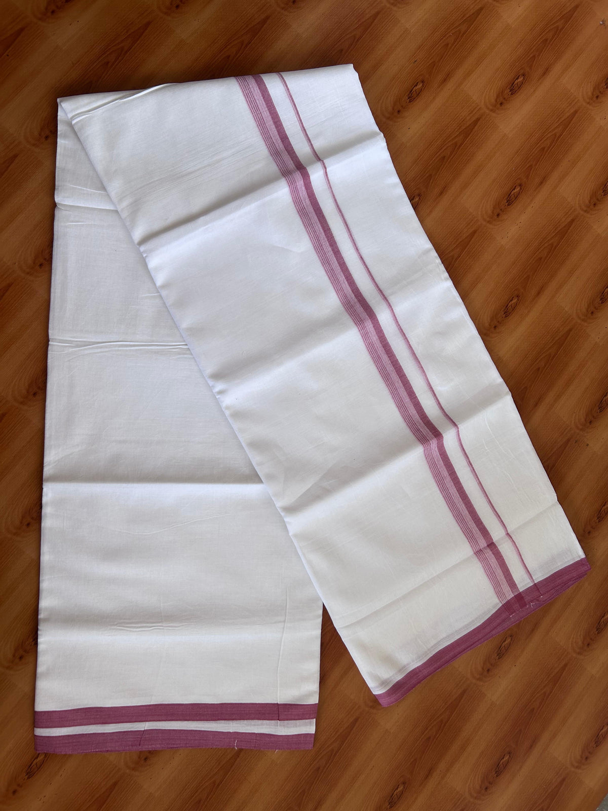 Double Pure White Mundu/Dhoti - 20% Discount !! KaithariKada 100% Cotton - (60S) - 1 inch Pink Peach Shaded Striped Kara 3.75 mtr (8 muzham) - 10 KK5506 CKS