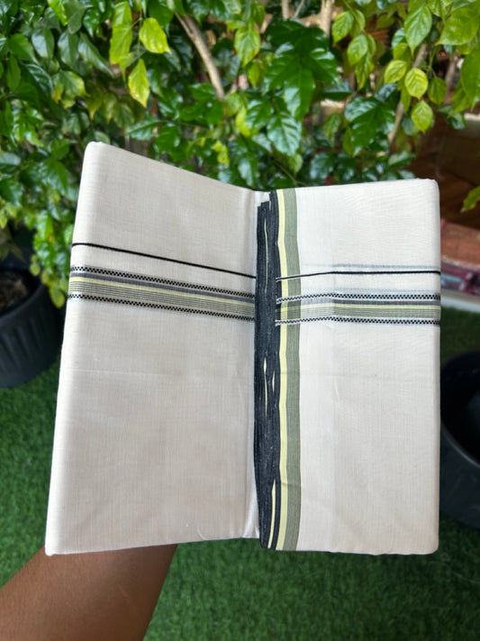 25% DISCOUNT!! KaithariKada HANDLOOM UNAKKUPAAV Balaramapuram - 100% PURE Cotton OFF White - (Unbleached) Double Mundu/Dothi - 120 x 100 - 0.75 inch Light Yellow & Black Stripes Kara 4 meter (8.5 muzham) - 12 KK5233 REA