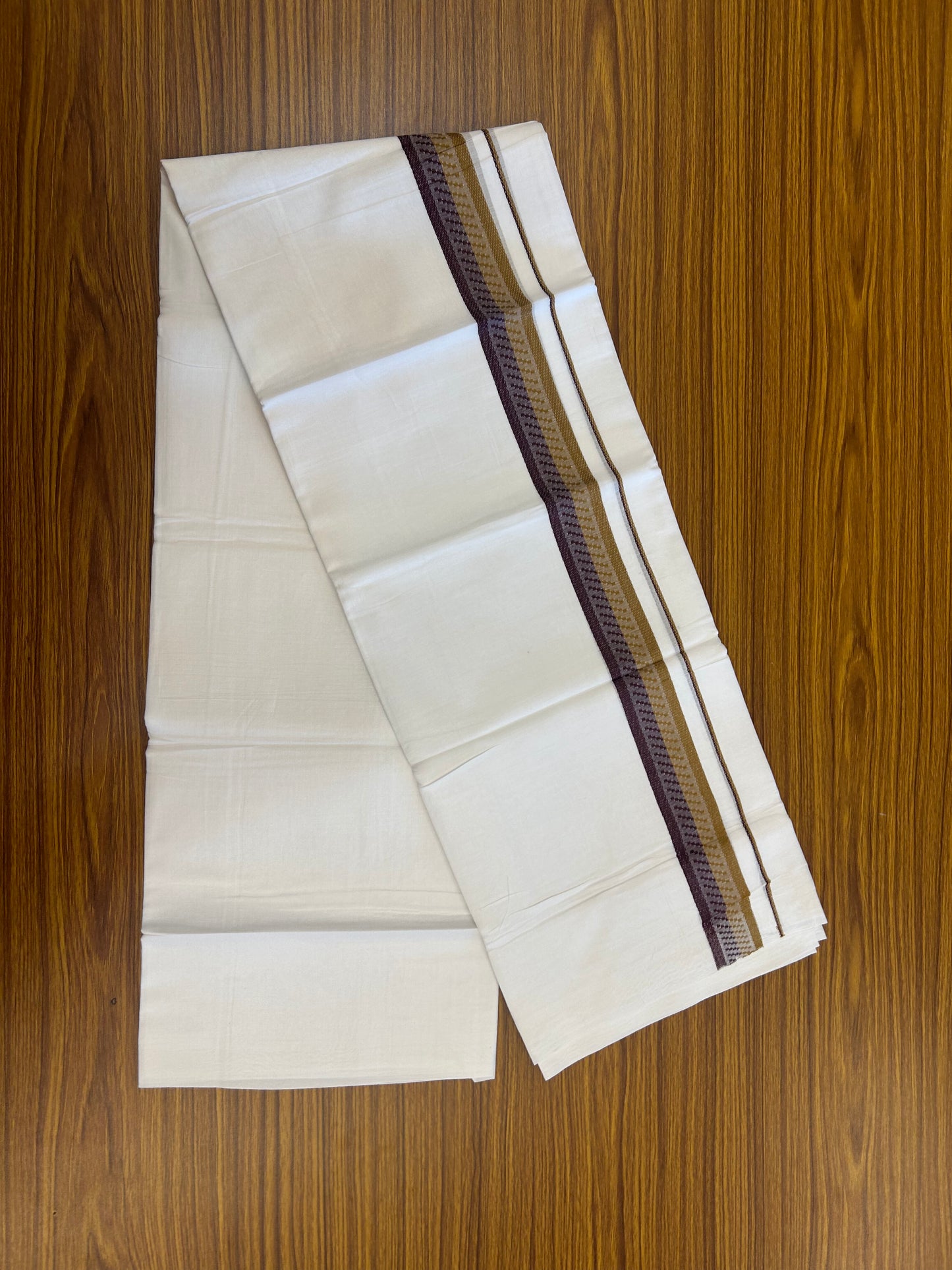 20% Discount ! Kaitharikada Balaramapuram 100% Cotton Pure White Double Mundu/Dothi - 100x80 - 1.5 inch Dark Golden Yellow & wine Purple  Design Kara 3.80 mtr (8 muzham) - 31 KK5359 THI