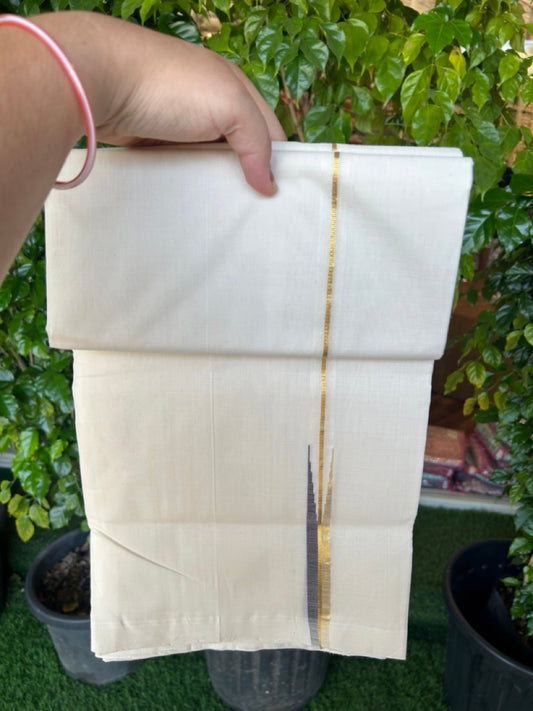 25% Discount ! KaithariKada Handloom Unakkupaav Balaramapuram -  Cotton Off White (Unbleached) Double Mundu/Dothi - 100x80 - 0.5 inch Puliyilakkara Gold Kasav Brown chutty 4 mtr (8.5 muzham) - 4 KK5233 REA