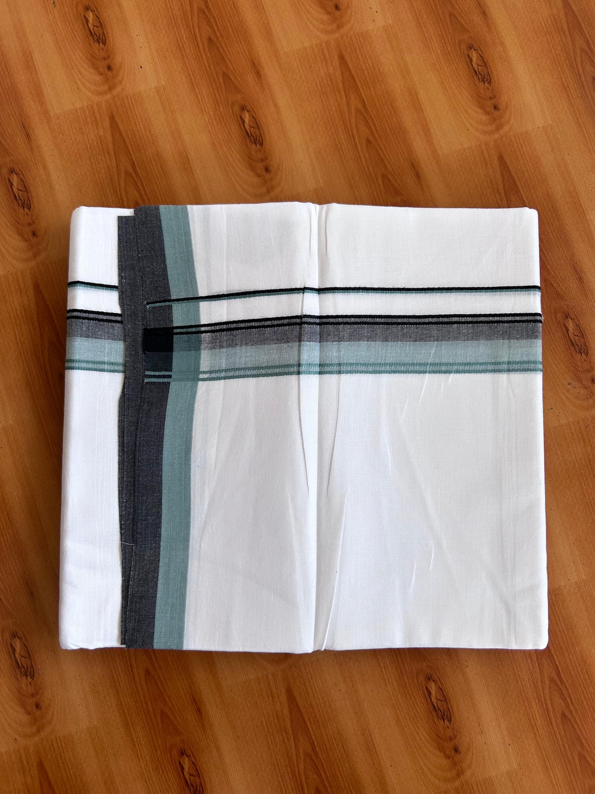 Double Pure White Mundu/Dhoti - 20% Discount !! KaithariKada 100% Cotton - (60S) - 1.25 inch Dusty Teal & Black Shaded Kara 3.75 mtr (8 muzham) - 2 KK5506 CKS