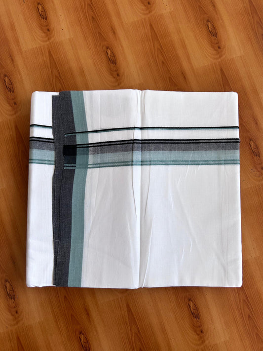 Double Pure White Mundu/Dhoti - 20% Discount !! KaithariKada 100% Cotton - (60S) - 1.25 inch Dusty Teal & Black Shaded Kara 3.75 mtr (8 muzham) - 2 KK5506 CKS
