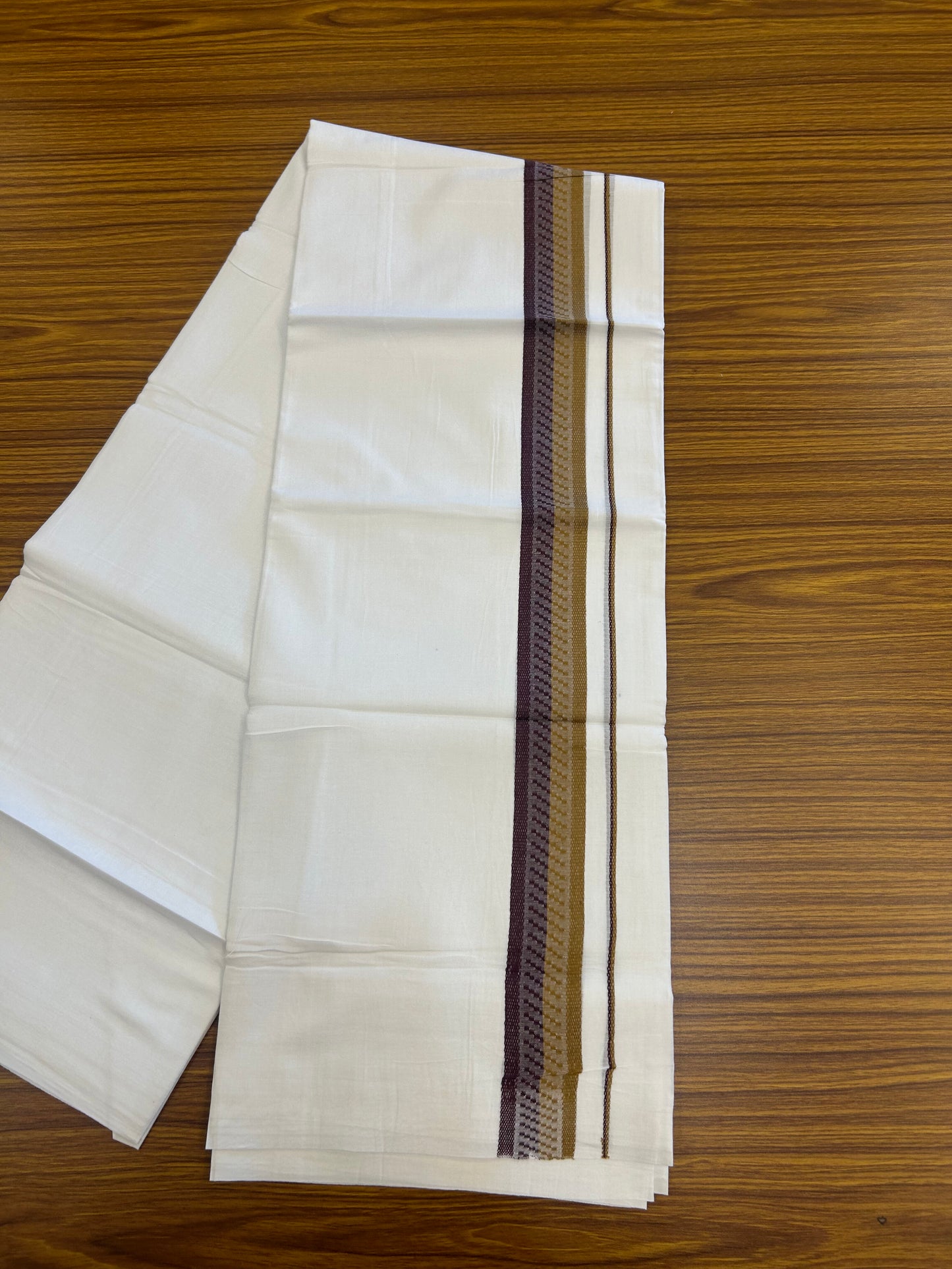 20% Discount ! Kaitharikada Balaramapuram 100% Cotton Pure White Double Mundu/Dothi - 100x80 - 1.5 inch Dark Golden Yellow & wine Purple  Design Kara 3.80 mtr (8 muzham) - 31 KK5359 THI