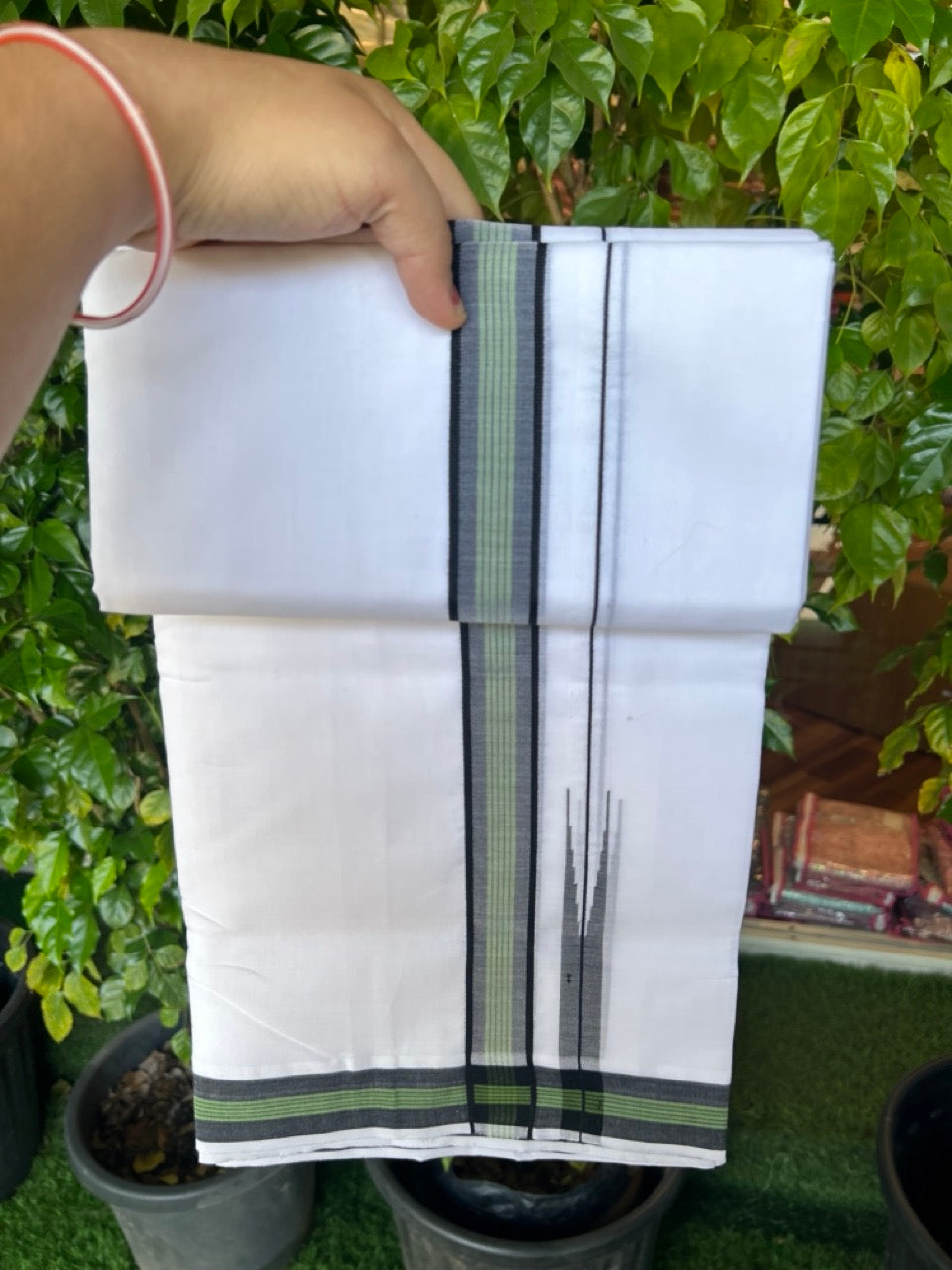 25% Discount!! NEW ULTRA PURE WHITE HANDLOOM Balaram apuram - 100% Mercerised Cotton Double Mundu/Dhoti - 120 twisted warp x 80s weft - 1.5 inch Puliyilakkara Black & Green Striped Chutty Kara - 4KK5232 REA