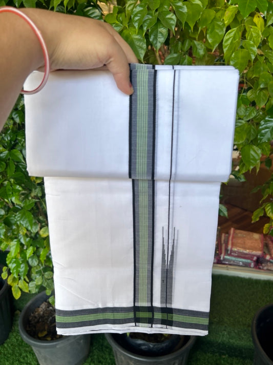 25% Discount!! NEW ULTRA PURE WHITE HANDLOOM Balaram apuram - 100% Mercerised Cotton Double Mundu/Dhoti - 120 twisted warp x 80s weft - 1.5 inch Puliyilakkara Black & Green Striped Chutty Kara - 4KK5232 REA