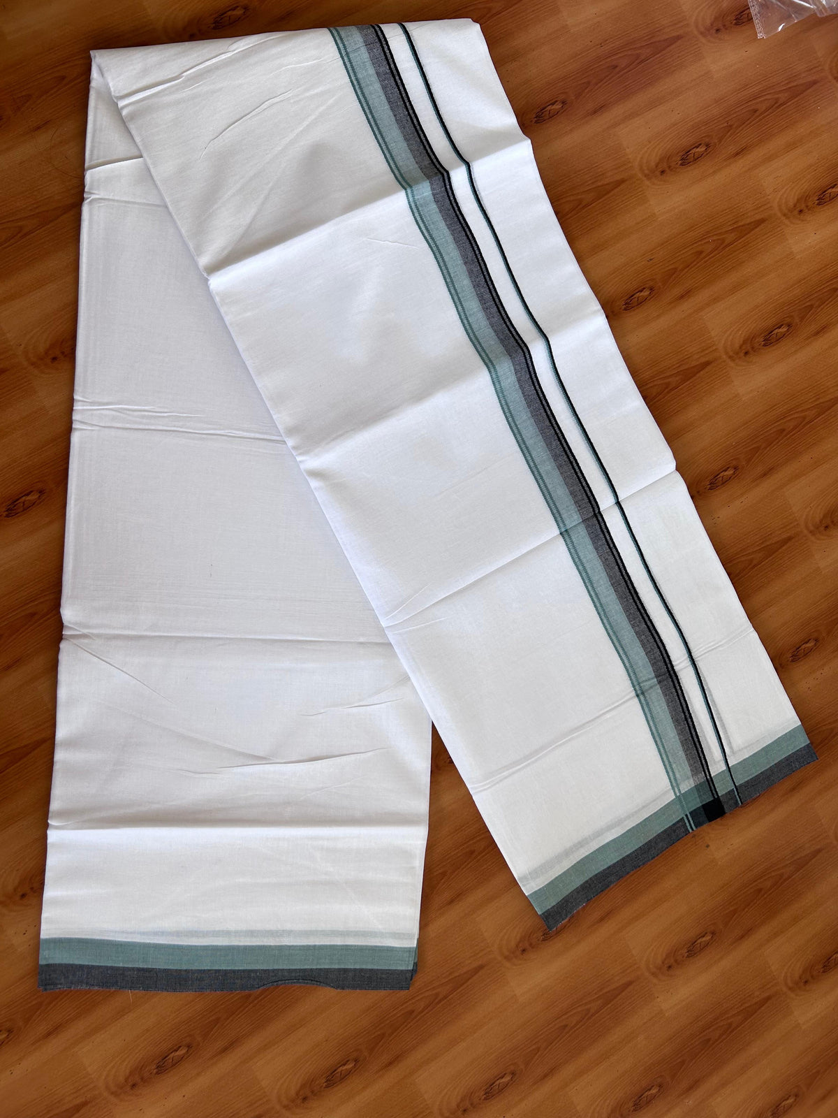 Double Pure White Mundu/Dhoti - 20% Discount !! KaithariKada 100% Cotton - (60S) - 1.25 inch Dusty Teal & Black Shaded Kara 3.75 mtr (8 muzham) - 2 KK5506 CKS