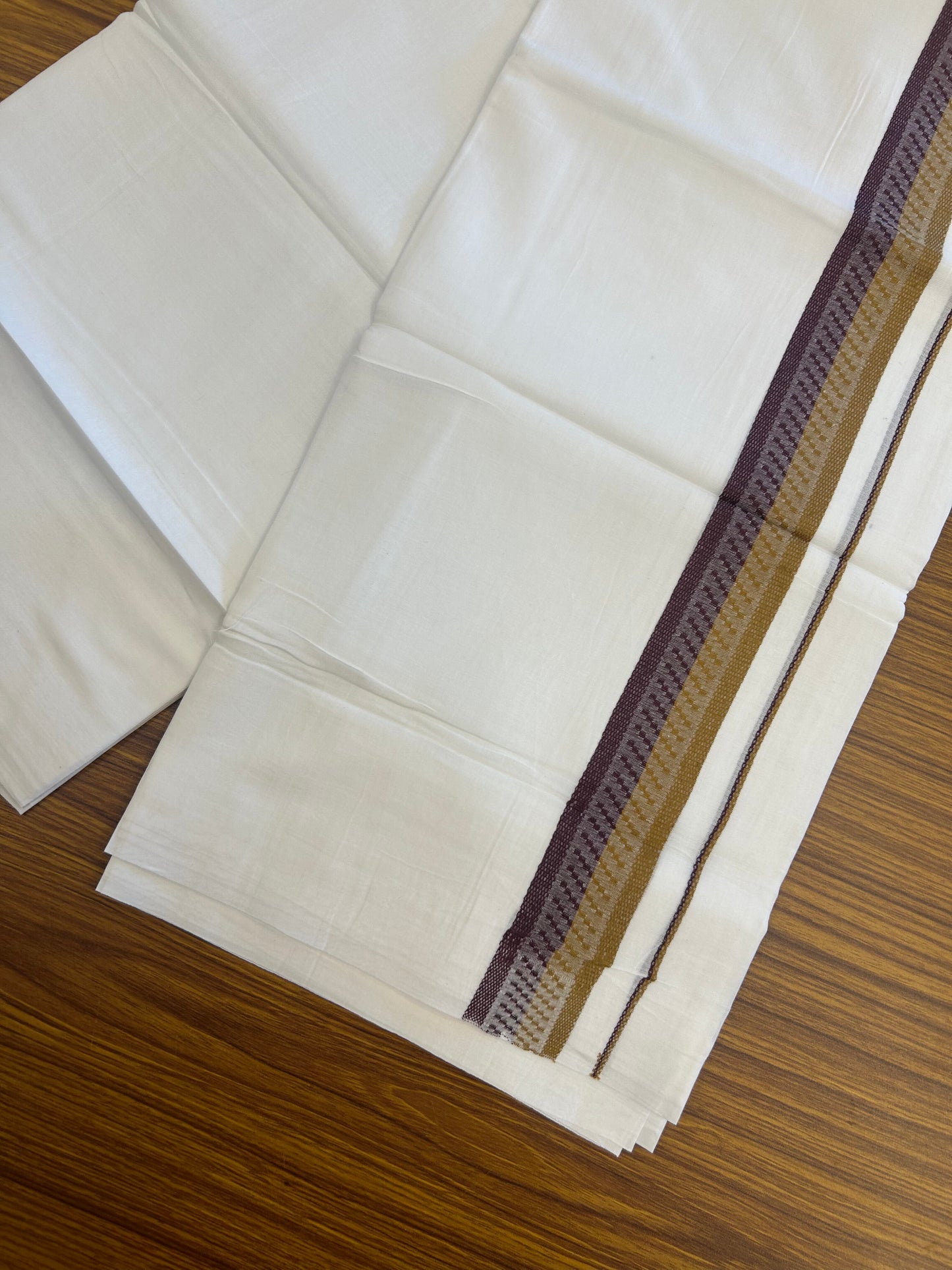 20% Discount ! Kaitharikada Balaramapuram 100% Cotton Pure White Double Mundu/Dothi - 100x80 - 1.5 inch Dark Golden Yellow & wine Purple  Design Kara 3.80 mtr (8 muzham) - 31 KK5359 THI