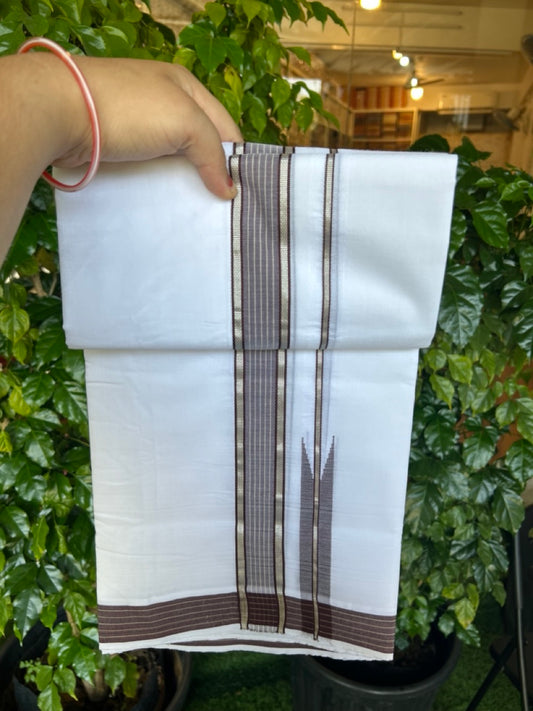 25% Discount!! NEW ULTRA PURE WHITE HANDLOOM Balaram apuram - 100% Mercerised Cotton Double Mundu/Dhoti - 120 twisted warp x 80s weft - 1.5 inch Puliyilakkara Silver Kasavu & Dark Brown Striped Chutty Kara - 2KK5232 REA