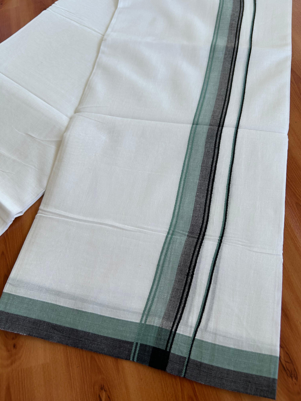 Double Pure White Mundu/Dhoti - 20% Discount !! KaithariKada 100% Cotton - (60S) - 1.25 inch Dusty Teal & Black Shaded Kara 3.75 mtr (8 muzham) - 2 KK5506 CKS