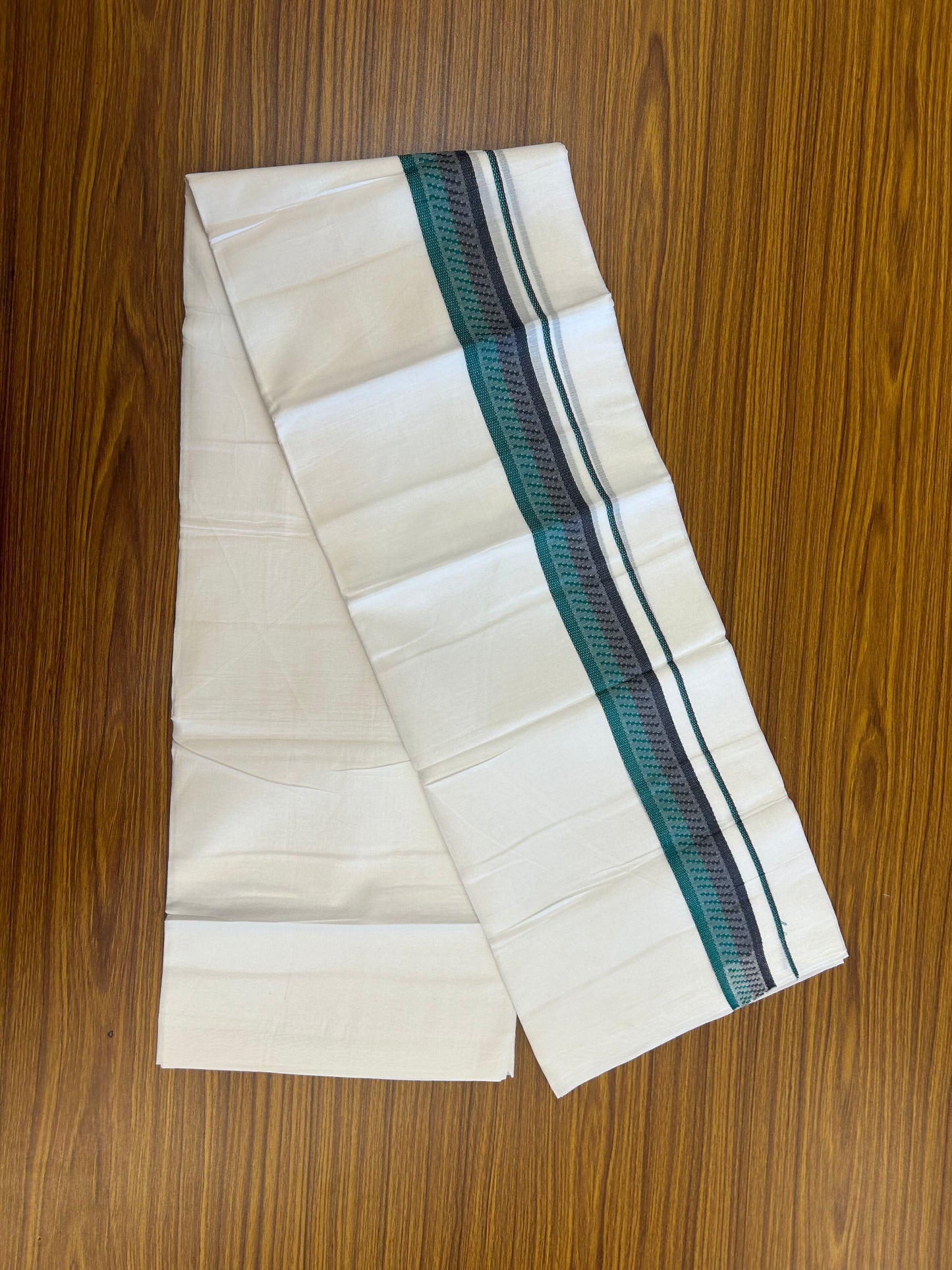 20% Discount ! Kaitharikada Balaramapuram 100% Cotton Pure White Double Mundu/Dothi - 100x80 - 1.5 inch Green & Navy Blue Kara 3.80 mtr (8 muzham) - 38 KK5359 THI