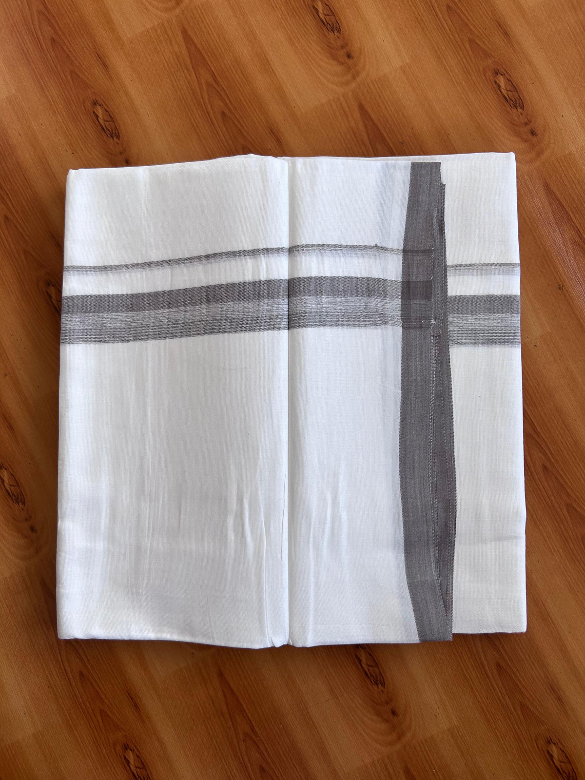Double Pure White Mundu/Dhoti - 20% Discount !! KaithariKada 100% Cotton - (60S) - 1 inch Dim Grey Shaded Striped Kara 3.75 mtr (8 muzham) - 11 KK5506 CKS