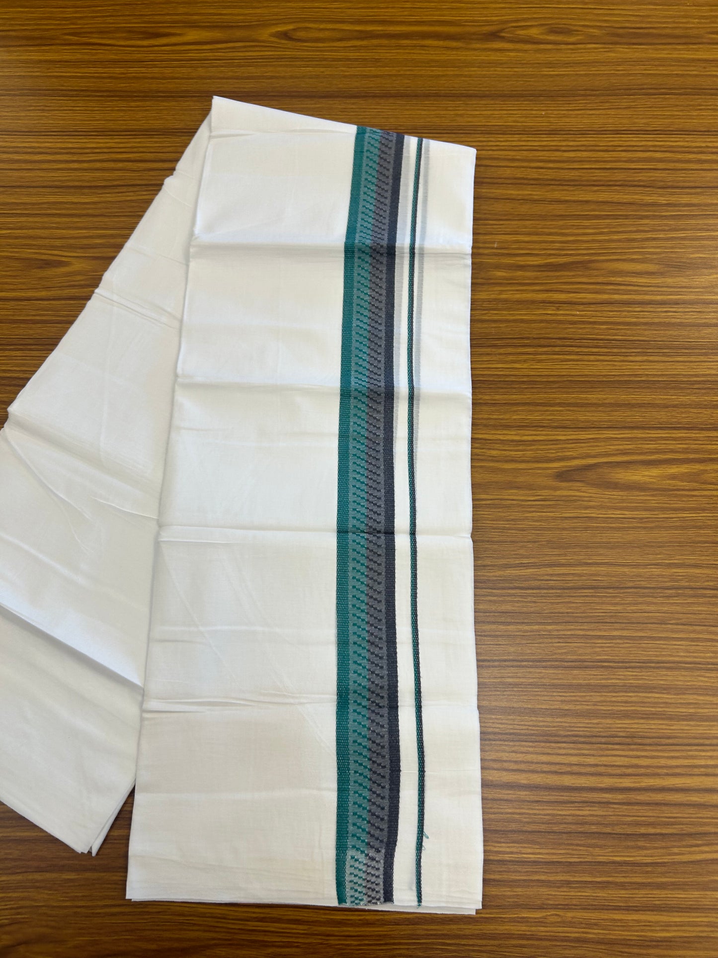 20% Discount ! Kaitharikada Balaramapuram 100% Cotton Pure White Double Mundu/Dothi - 100x80 - 1.5 inch Green & Navy Blue Kara 3.80 mtr (8 muzham) - 38 KK5359 THI