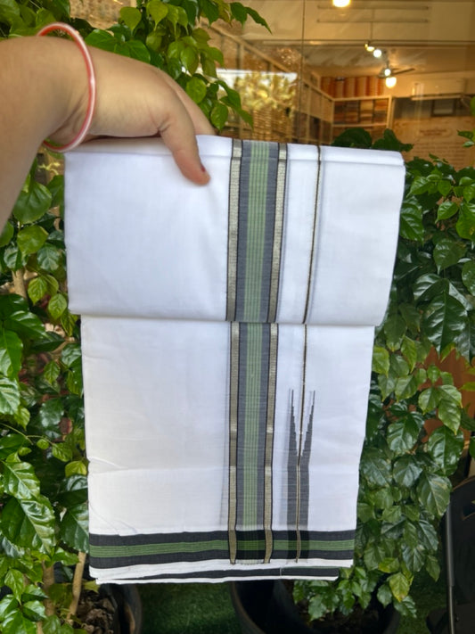 25% Discount!! NEW ULTRA PURE WHITE HANDLOOM Balaram apuram - 100% Mercerised Cotton Double Mundu/Dhoti - 120 twisted warp x 80s weft - 1.5 inch Puliyilakkara Silver Kasavu Black & Green Striped Chutty Kara - 3KK5232 REA