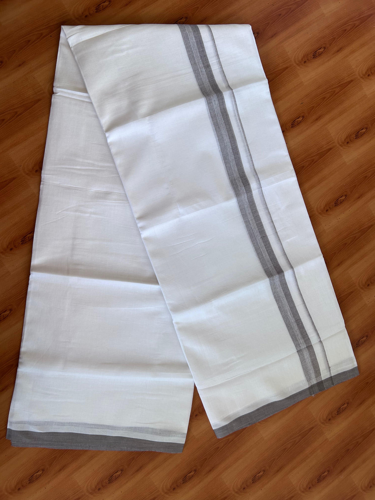 Double Pure White Mundu/Dhoti - 20% Discount !! KaithariKada 100% Cotton - (60S) - 1 inch Dim Grey Shaded Striped Kara 3.75 mtr (8 muzham) - 11 KK5506 CKS