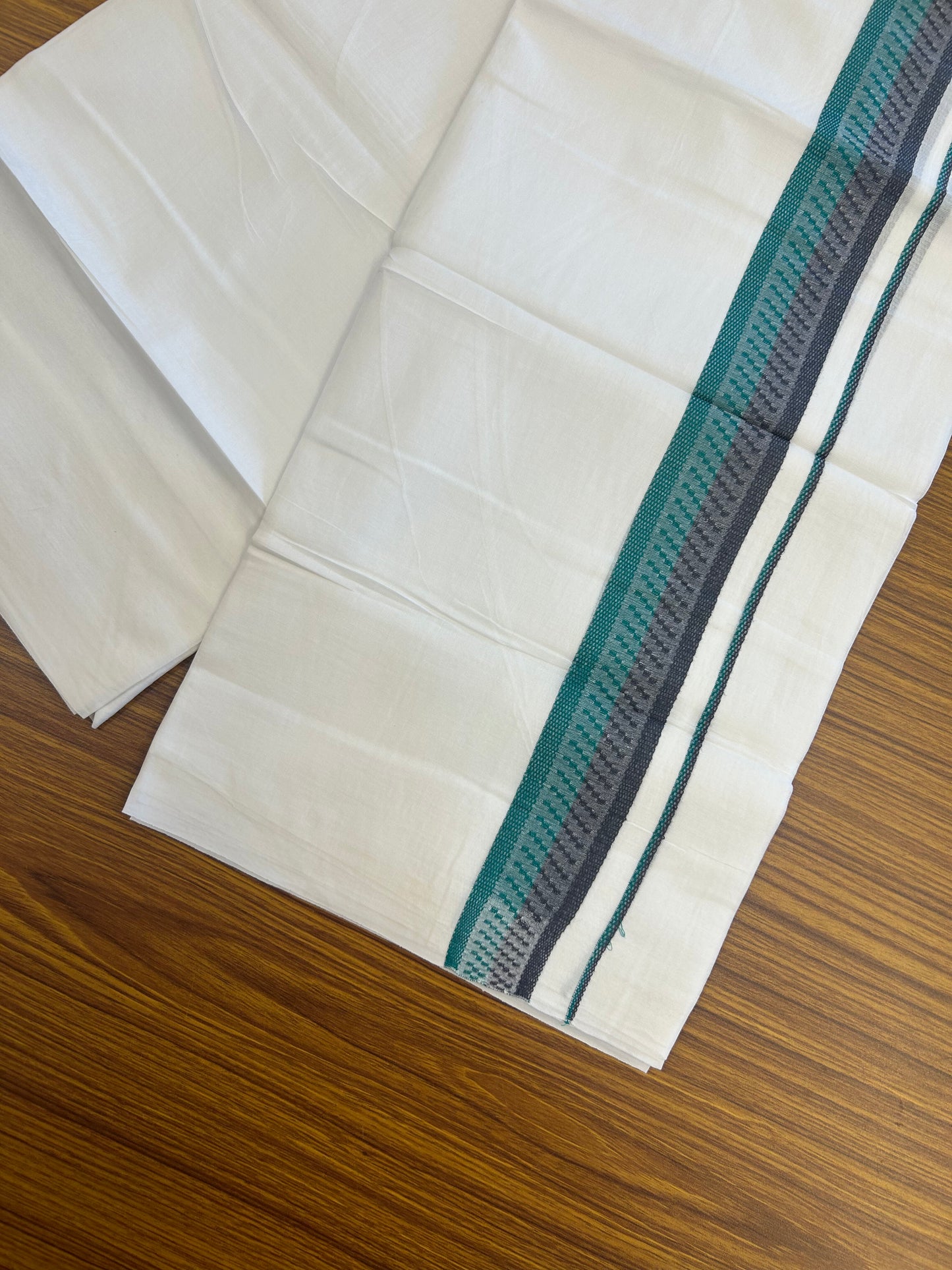 20% Discount ! Kaitharikada Balaramapuram 100% Cotton Pure White Double Mundu/Dothi - 100x80 - 1.5 inch Green & Navy Blue Kara 3.80 mtr (8 muzham) - 38 KK5359 THI