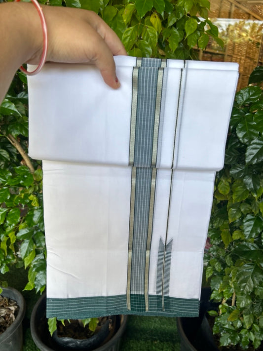 25% Discount!! NEW ULTRA PURE WHITE HANDLOOM Balaram apuram - 100% Mercerised Cotton Double Mundu/Dhoti - 120 twisted warp x 80s weft - 1.5 inch Puliyilakkara Silver Kasavu & Peacock Green Striped Chutty Kara - 1KK5232 REA