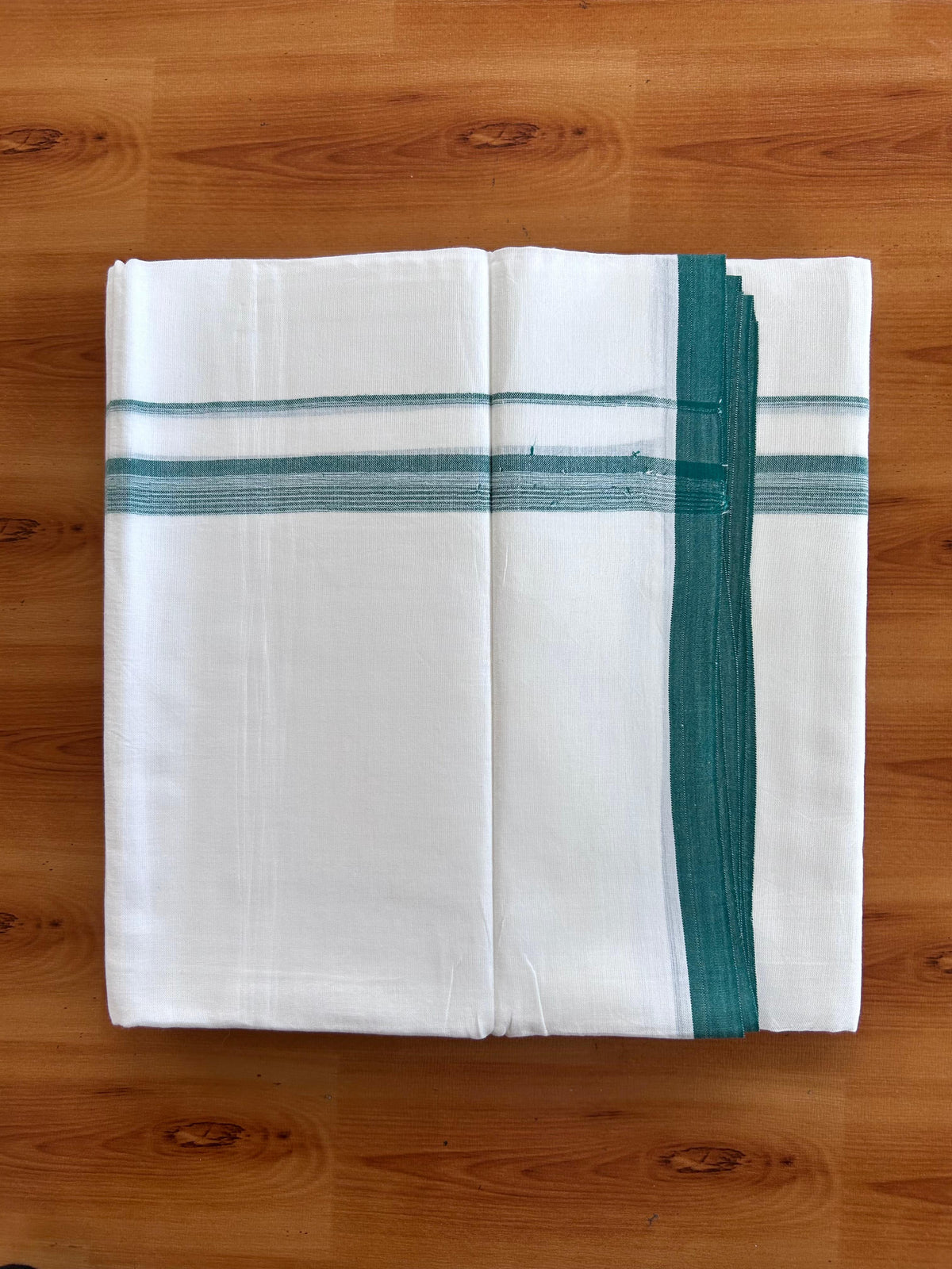 Double Pure White Mundu/Dhoti - 20% Discount !! KaithariKada 100% Cotton - (60S) - 1 inch Teal Green Shaded Striped Kara 3.75 mtr (8 muzham) - 12 KK5506 CKS