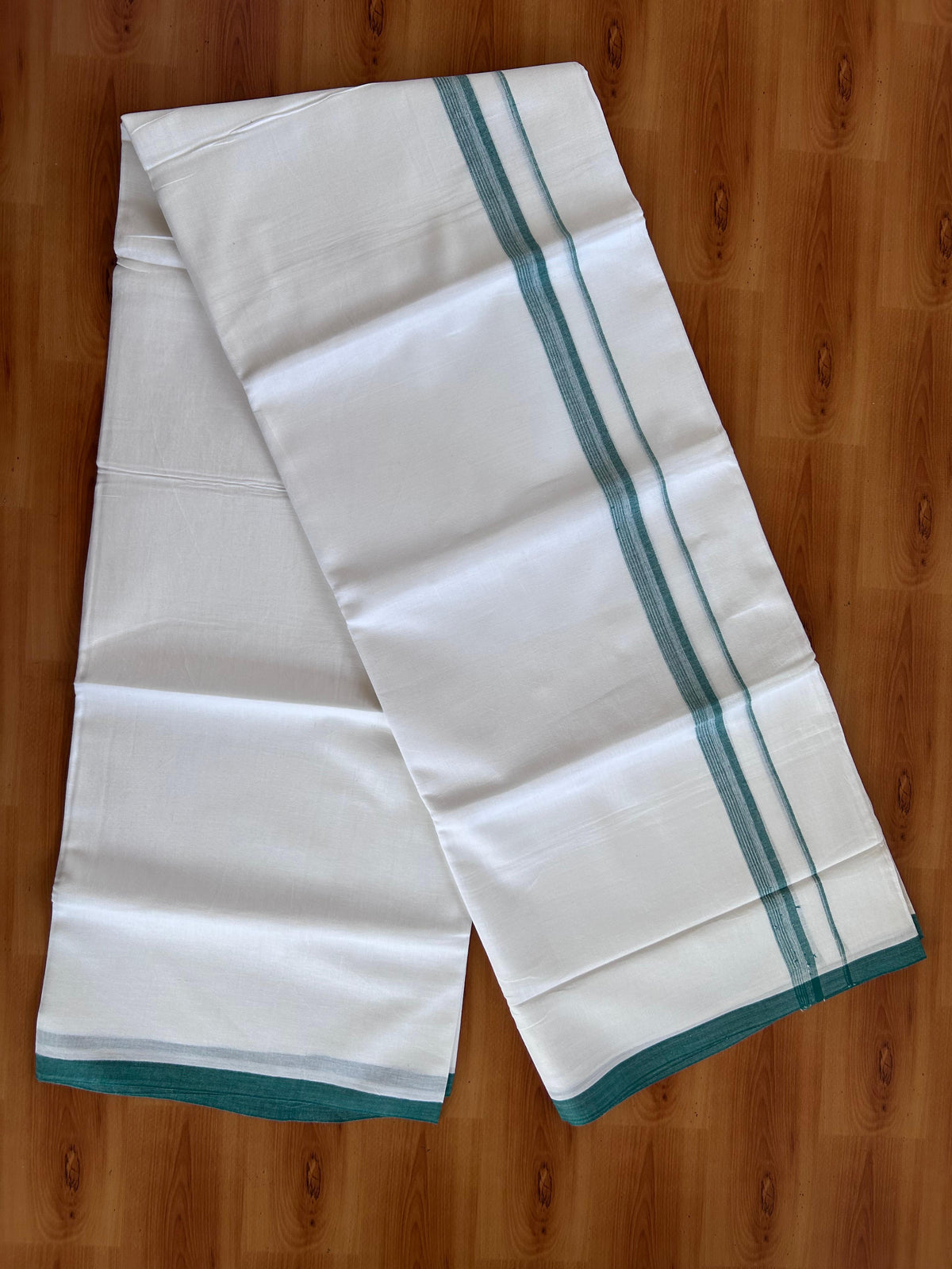 Double Pure White Mundu/Dhoti - 20% Discount !! KaithariKada 100% Cotton - (60S) - 1 inch Teal Green Shaded Striped Kara 3.75 mtr (8 muzham) - 12 KK5506 CKS