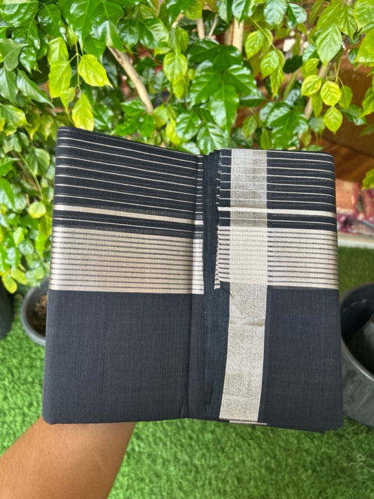 25% Discount! KaithariKada Handloom UNAKKUPAAV Balaramapuram - 100% Cotton Double Mundu/Dhoti - 80x90 - 7 inch Silver side Striped Kara with Black Colour Body 4 mtr (8.5 Muzham) - 17KK5231 ABH