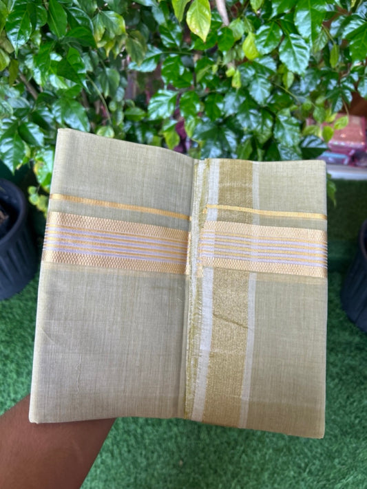 25% Discount! KaithariKada Handloom UNAKKUPAAV Balaramapuram - 100% Cotton Double Mundu/Dhoti - 80x90 - 1.5 inch Gold Kasavu & silver Jacquard Design Kara with Pastel Olive green Colour Body 4 mtr (8.5 Muzham) - 15KK5231 ABH