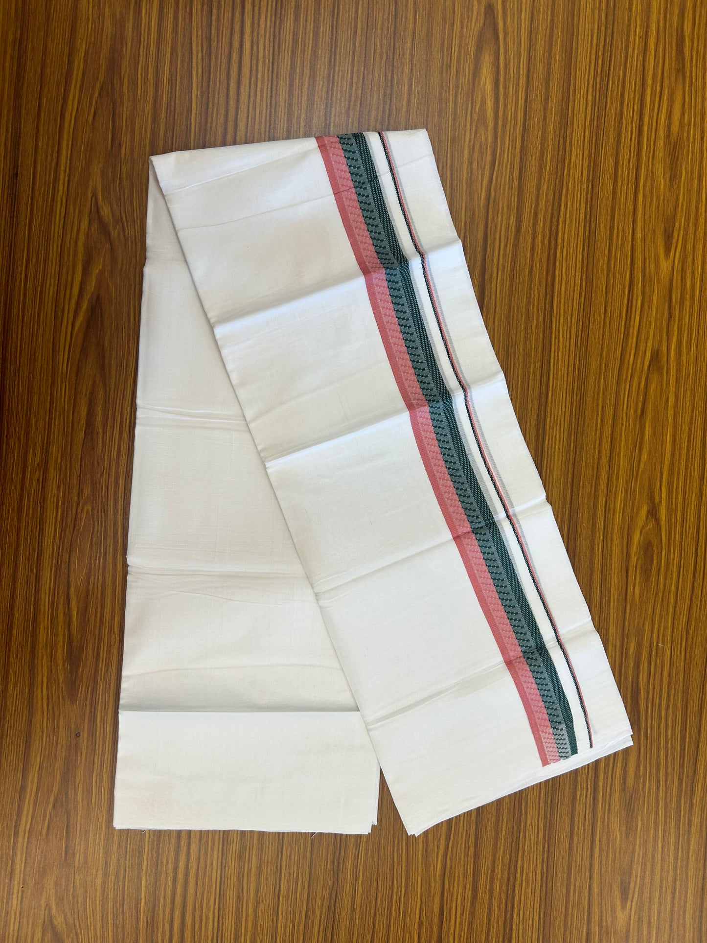 20% Discount ! Kaitharikada Balaramapuram 100% Cotton Pure White Double Mundu/Dothi - 100x80 - 1.5 inch Dark Green & Pink Design Kara 3.80 mtr (8 muzham) - 27 KK5359 THI