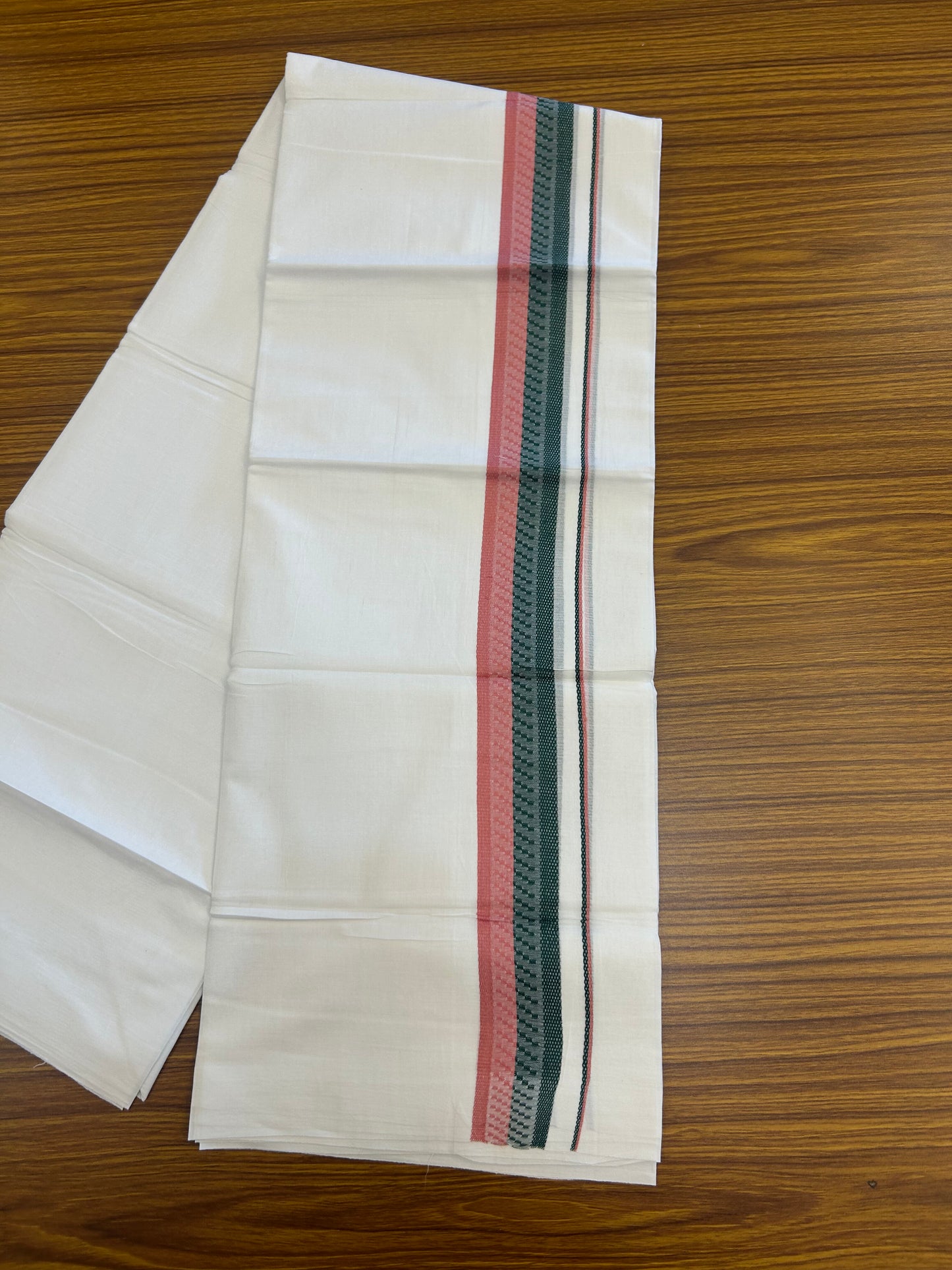 20% Discount ! Kaitharikada Balaramapuram 100% Cotton Pure White Double Mundu/Dothi - 100x80 - 1.5 inch Dark Green & Pink Design Kara 3.80 mtr (8 muzham) - 27 KK5359 THI